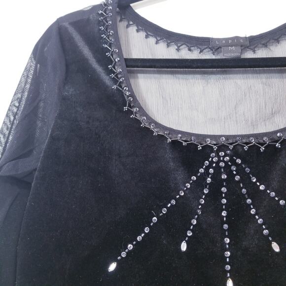 Lapis Sheer Silk Blend Velvet Rhinestones Embellished Ruffle Blouse - Picture 4 of 12